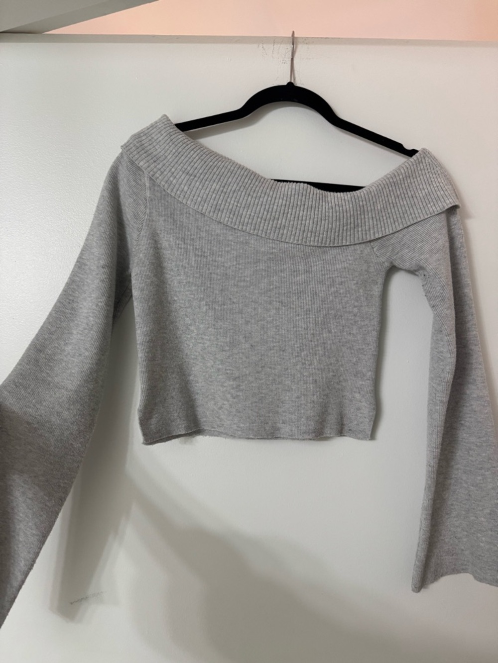 Princess Polly Gray Off-the-Shoulder Cropped Sweater